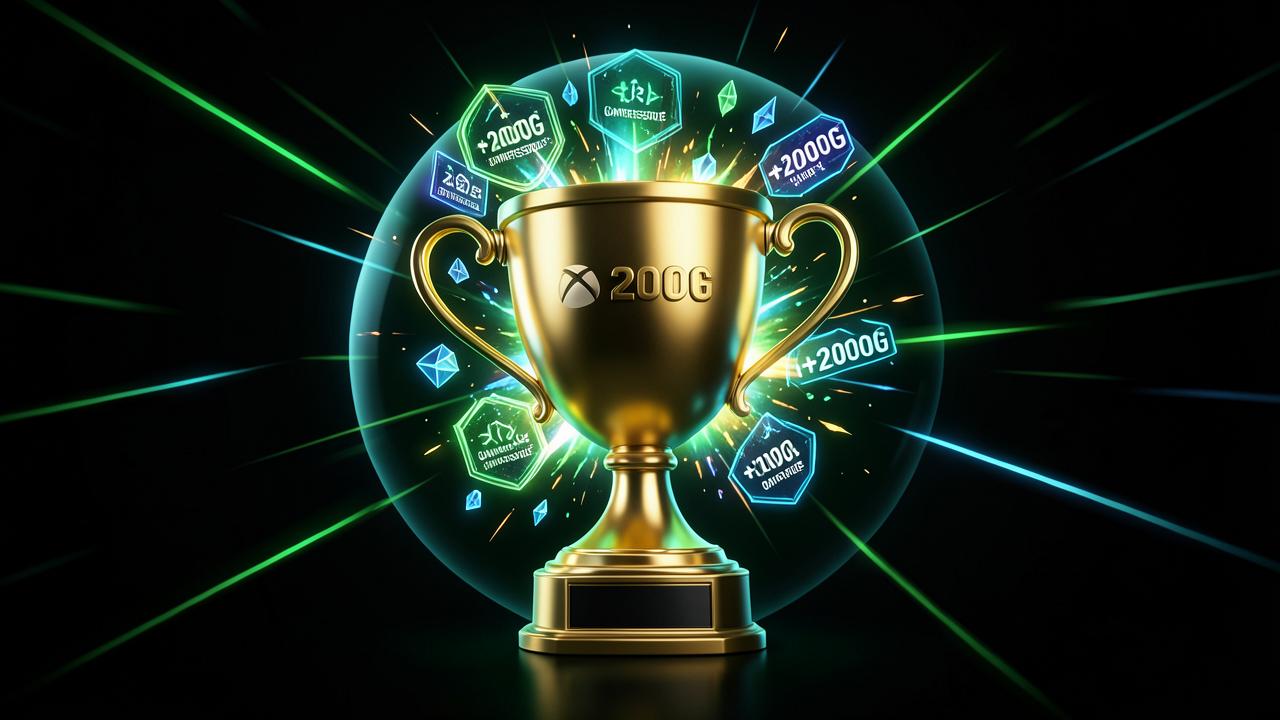 Golden gamerscore trophy surrounded by glowing achievement badges