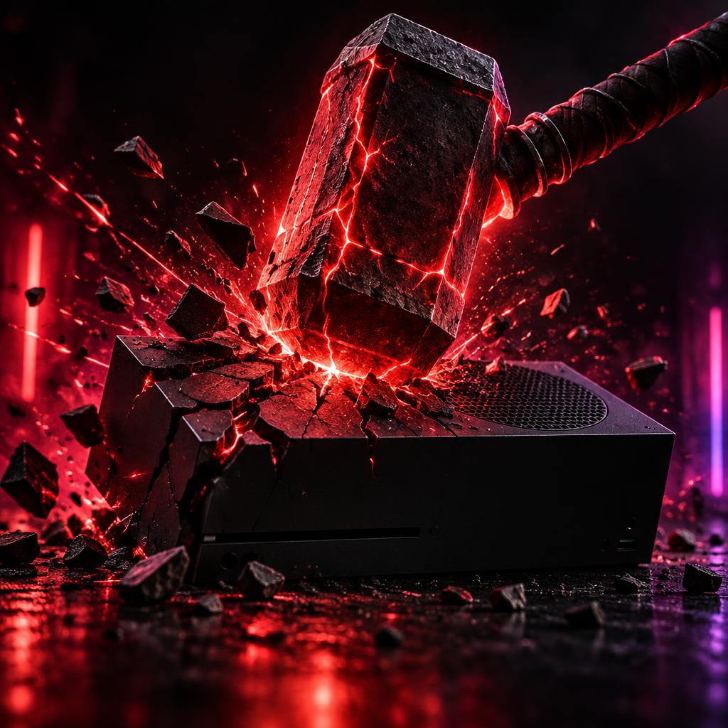 Glowing red war hammer smashing an Xbox console with crimson lightning